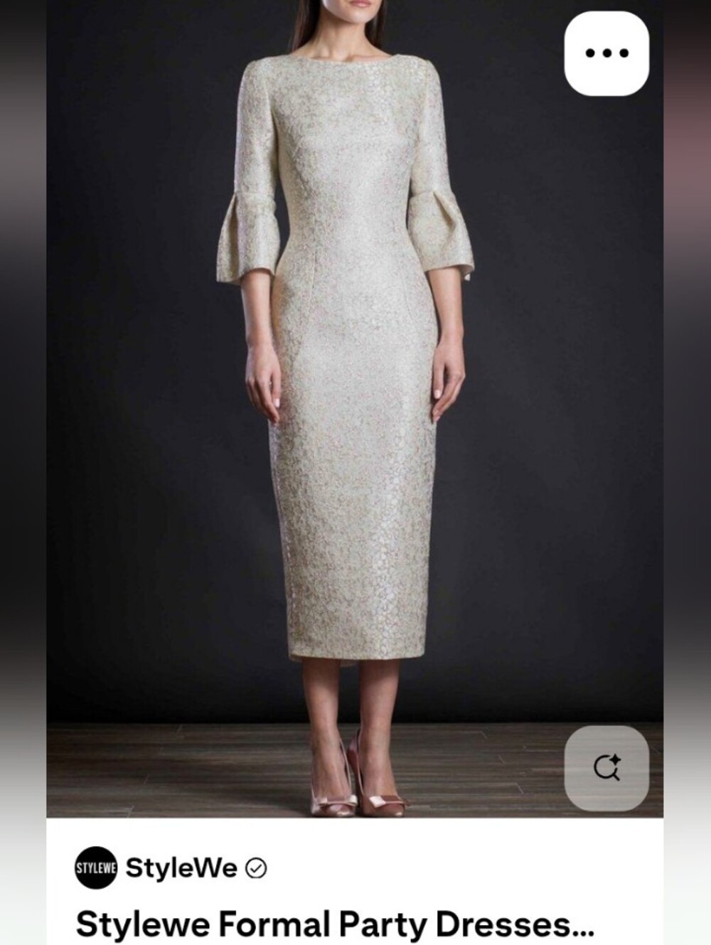STYLEWE Metallic Cream Midi Sheath Dress with Fluted Sleeves